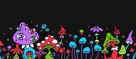 Psychedelic mushrooms border. Seamless frame with hippie mushrooms. Retro 70s mycelium repeat background. Vintage magic esoteric funky hallucinogenic fungi. concept vector