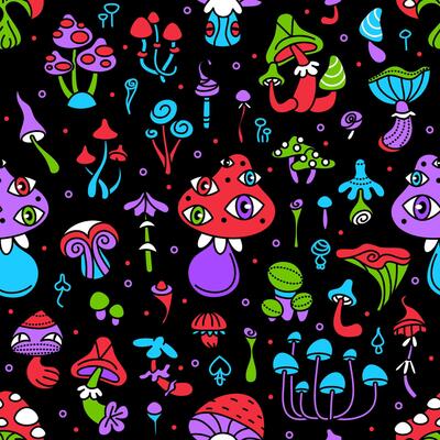 Hippy mushroom seamless pattern. Psychedelic crazy mushrooms background. Retro trippy 70s amanita repeat texture. Magic colorful fungus wallpaper