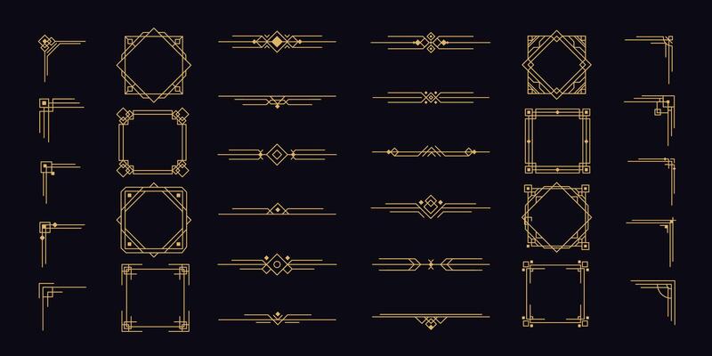 Art deco border. Modern geometric line frame. Vintage 1920s style line gold ornaments. Retro decorative 1930s dividers, frames, labels, borders. Luxury classic elegance set