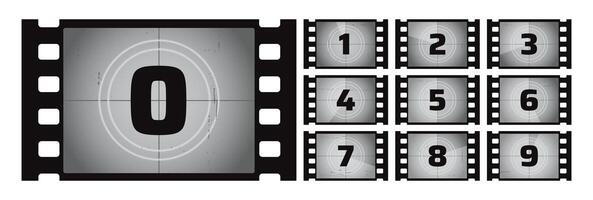 Film countdown frame. Retro movie reel. Counted down numbers. Visual element cinema projection. Circular timer, bold numbers count down from 0 to 9. project vector