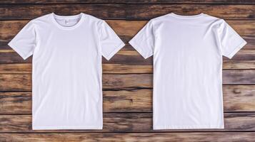 Front and back view of plain white t-shirts displayed flat on a rustic wooden surface, highlighting clean and minimal design photo