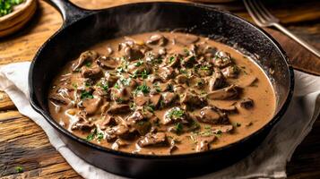 Gourmet beef stroganoff in a rustic cast iron skillet, featuring tender beef chunks and mushrooms in a rich, creamy sauce, garnished with fresh thyme, served on a wooden table photo