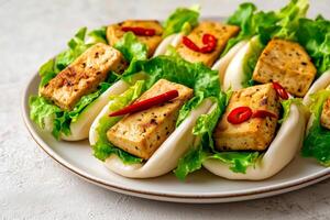 Minimalist presentation of light tofu bao buns on a white plate, featuring grilled tofu, fresh lettuce, and red chili peppers, creating a simple yet flavorful plant-based dish photo