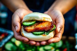 Close-up of hands holding a bao bun filled with glazed pork belly, fresh cucumber slices, and hoisin sauce, set against a blurred background of street food photo