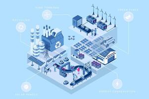 Green manufacturing 3d isometric concept for web design. People in isometry rooms work at eco factory with solar panels, wind turbines and green fuels, energy conservation zone. illustration. vector