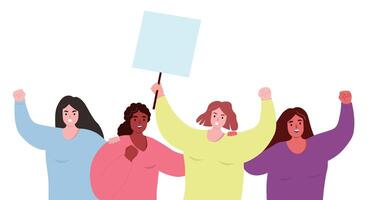 Group of different women at demonstration expressing protest, declaring their rights. flat graphics. vector