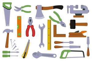 Woodworking tools set in flat graphic design. Collection isolated elements with saw, pruning shears, axe, pliers, level, wrench, ruler, angle, hammer, plane, screwdriver, other. illustration. vector