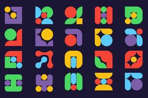 Y2K geometric shapes set in flat graphic design. Collection isolated elements with colorful abstract geometry figures with basic circles and curve forms minimalist collage badges. illustration. vector