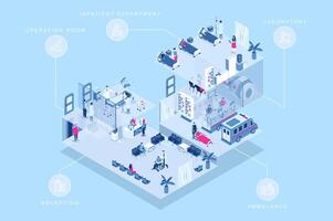 Medical center 3d isometric concept for web design. People in isometry rooms working at reception hall, laboratory, doctors monitoring inpatient department, ambulance parking. illustration. vector