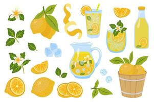 Lemons and lemonade set in flat graphic design. Collection isolated elements with citrus fruit slices, citric flower and leaves, glass, cup or bottle with juice drink and other. illustration. vector