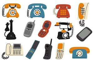Retro phones set in flat graphic design. Collection isolated elements with antique and vintage telephones with dials, cords, mobile models with buttons and radio antennae, other. illustration. vector