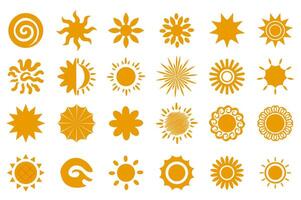 Yellow sun icon set in flat graphic design. Collection isolated elements with different types of simple summer circle symbols with sunbeams, sunbursts, sunshines, swirl rays. illustration. vector