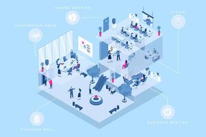 Business meeting 3d isometric concept for web design. People in isometry rooms working in office and conference zone, brainstorming by online call, communicating in hall. illustration. vector