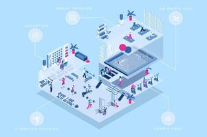 Fitness gym 3d isometric concept for web design. People in isometry rooms registering at reception, doing group or strength training, exercising at cardio area and swimming pool. illustration. vector