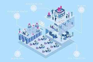 Cryptocurrency mining 3d isometric concept for web design. People in isometry rooms working in mining farm, automation center, monitoring hub, coin production, crypto training. illustration. vector