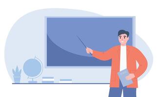 Male teacher explains a lesson on the background of a blackboard, shows with a pointer. The learning process. flat graphics. vector