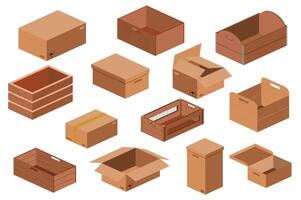 Wooden and cardboard boxes set in flat graphic design. Collection isolated elements with empty packaging, opened and closed containers, shipping packages, crates and parcels. illustration. vector