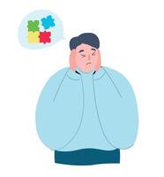 The young man feels bad, has problems with his head and thoughts. It is difficult for an autistic person to adapt. flat graphics. vector
