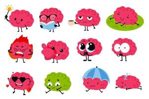 Brain character set in flat cartoon graphic design. Collection isolated elements of cute smart mascot with magic wand, reading book, drinking coffee, relax in grass and other. illustration. vector