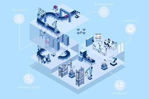 Automated factory 3d isometric concept for web design. People in isometry rooms working at packaging and production lines, engineers in control or servers, robots at storage. illustration. vector