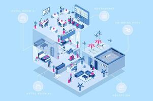Hotel service 3d isometric concept for web design. People in isometry rooms registering at reception, check into apartments, eating at restaurant, relaxing at swimming pool area. illustration. vector