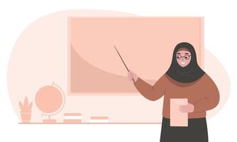Female teacher in hijab with a pointer on the background of a blackboard explains a lesson. Muslim woman teaches at school. flat graphics. vector
