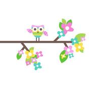 Spring Blossoms, A Colorful Blooming Branch with a Cute Owl vector