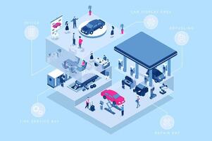 Car service 3d isometric concept for web design. People in isometry rooms working in office, mechanic doing maintenance at tire service and repair bay, display area and refueling. illustration. vector
