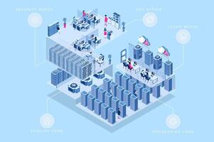 Data center 3d isometric concept for web design. People in isometry rooms working in development office, cloud nexus, computing at processing core, cooling zone, security watch. illustration. vector