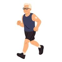 Elderly man running in black shorts and top on white background vector