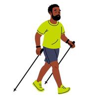 Man doing Nordic walking with trekking poles. Concept of endurance, low-impact cardio, and healthy routine. Flat illustration. vector