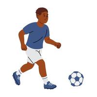 Young boy running and playing soccer with ball on white background vector