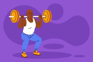 Strong Black man squatting while lifting a heavy barbell during strength training on a purple backdrop vector