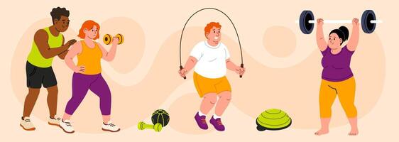 Diverse group of people doing strength and cardio exercises with weights and jump rope vector