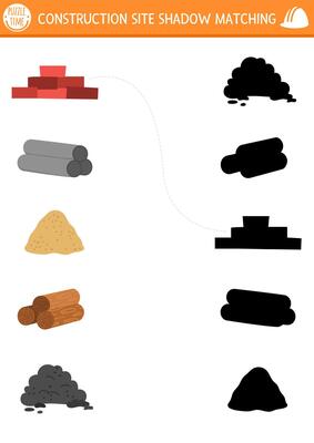 Construction site shadow matching activity with different materials. Building works puzzle with brick, wood, pipes, sand, soil. Find correct silhouette printable worksheet or game for kids