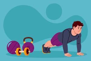 Man in plank position. Concept of core training, strength, and workout. vector