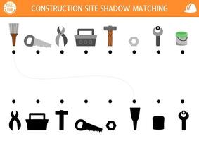 Construction site shadow matching activity with tools and instruments. Building works puzzle with screw driver, box, hammer, brush, saw, paint. Find correct silhouette printable worksheet or game vector
