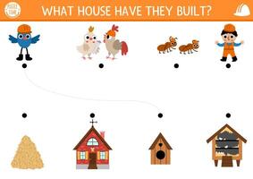 Construction site matching activity with animal and bird builders and houses they built. Building works puzzle. Match the objects game, printable worksheet. Repair service match up page vector