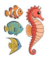 Bright and Cheerful Marine Life Set with Tropical Fish and Seahorse Characters vector