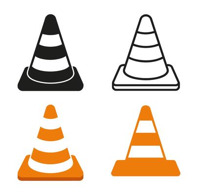 Construction Cone Icons Collection Featuring Flat Line and Filled Designs