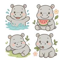 Adorable Cartoon Hippo Set in Various Poses with Watermelon Splash and Nature Elements vector