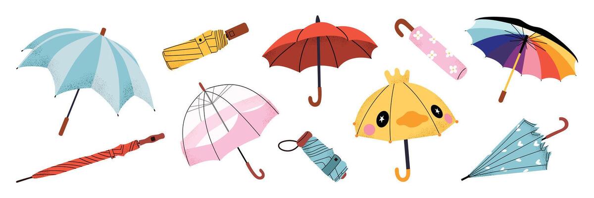 Set of umbrellas in various styles transparent, folded, classic, rainbow. Cute rain accessories for autumn and spring. Weather protection, rainy season essentials. Flat illustration isolated.