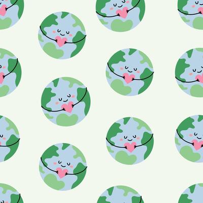 Cute seamless pattern with planet. Earth holding a pink heart. Flat eco-themed background design for Earth Day, environmental education, and eco friendly packaging.
