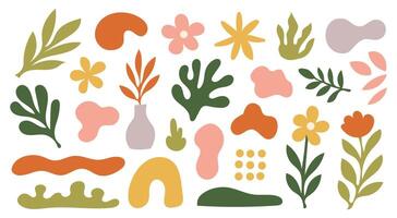 Collection of abstract floral and organic elements. Cute flat shapes with modern nature inspired doodles. Leaves, flowers, blobs, vase, decorative plant set. Isolated on white background. vector