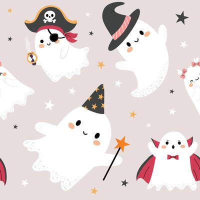 Adorable seamless pattern with Halloween ghosts dressed in pirate, witch, and magician costumes.Creative scandinavian kids texture for fabric, wrapping, textile, wallpaper, apparel.