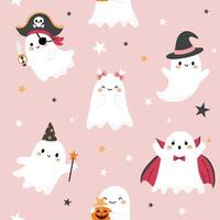 Seamless Halloween pattern with cute little ghosts in various costumes. Festive design with smiling characters on a pink background. Flat cartoon style, perfect for kids wrapping, textile, wallpaper. vector