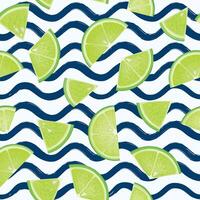 Citrus lime fruit slice seamless pattern over wavy water texture. Fresh healthy food background drawn in realistic style vector