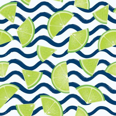 Citrus lime fruit slice seamless pattern over wavy water texture. Fresh healthy food background drawn in realistic style