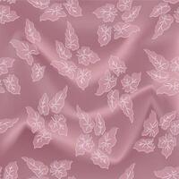 Realistic texture of pink silk background with seamless pattern of tropical leaves. The texture of textile pattern with flourish nature garden motif vector