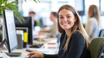 Portrait of a smiling businesswoman sitting plan her desk in a busy modern open at office, her colleagues working on computers in the background photo